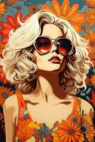 hippie fille avec blond cheveux et fleur illustration établi en utilisant pop art bande dessinée style outils photo