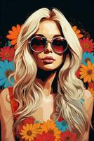 hippie fille avec blond cheveux et fleur illustration établi en utilisant pop art bande dessinée style outils photo