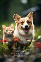 velu copains une rouge chat et une corgi chien marcher dans une été Prairie parmi chaud gouttes de pluie photo