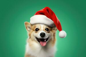 mignonne chien portant Père Noël chapeau sur vert arrière-plan, ai généré photo