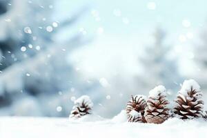 hiver saison avec neige casquettes couvert branches de pin arbre dans Noël festival, flocon de neige et bokeh briller lumière Contexte pour moquer en haut, Noël veille Nouveau année arrière-plan, avec génératif ai. photo