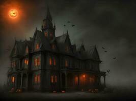 Halloween nuit avec effrayant loger, chauves-souris et citrouille Contexte image photo