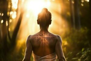 ensoleillé forêt femme personne. produire ai photo