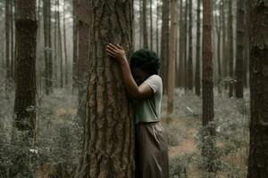 femme étreinte arbre. produire ai photo