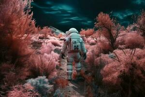 astronaute rose planète surface. produire ai photo