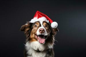 mignonne frontière colley portant Père Noël chapeau sur noir arrière-plan, ai généré photo