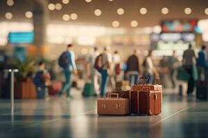 les passagers attendre à enregistrement avec leur bagage à le aéroport - ai généré photo