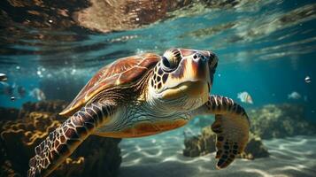 une mer tortue glisse gracieusement par le l'eau. photo