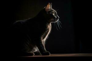 une noir chat séance sur une table dans le foncé génératif ai photo