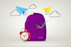 retour à école concept avec papier Avions, école sac et griffonnage éléments. 3d vecteur illustration photo