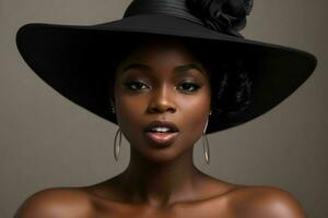 magnifique femme avec une chapeau nu épaules et un ouvert bouche photo