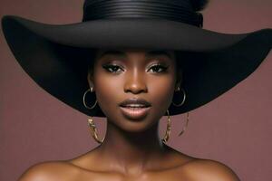 magnifique femme avec une chapeau nu épaules et un ouvert bouche photo