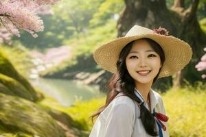 femme sourire et prendre plaisir à la nature photo