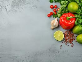 Frais des légumes et épices sur gris Contexte. Haut vue avec copie espace photo