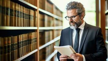 sérieux mature homme dans lunettes en train de lire une livre dans bibliothèque photo