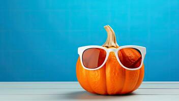 Halloween citrouille avec des lunettes de soleil sur une bleu Contexte. copie espace. photo