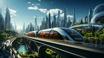 haute vitesse train sur le Contexte de une futuriste ville photo