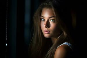 une magnifique Jeune femme avec bleu yeux est à la recherche à le caméra génératif ai photo