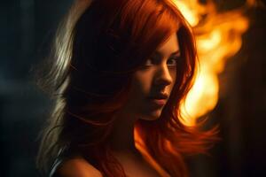 une magnifique rouge aux cheveux femme avec flammes à venir en dehors de sa cheveux génératif ai photo