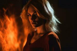 une magnifique blond femme dans de face de une Feu génératif ai photo