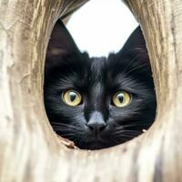 une noir chat furtivement par une trou dans une arbre génératif ai photo