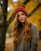 une magnifique Jeune femme avec longue cheveux portant une rouge chapeau génératif ai photo