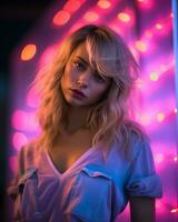 une blond femme dans de face de néon lumières génératif ai photo