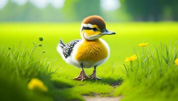 canard chercher pour nourriture dans le Matin pâturage. ai généré photo