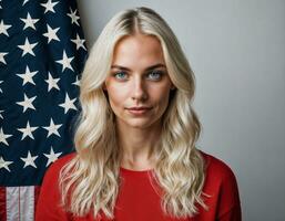 photo de magnifique femme avec Etats-Unis drapeau arrière-plan, génératif ai