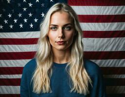 photo de magnifique femme avec Etats-Unis drapeau arrière-plan, génératif ai