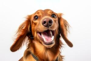 une chien avec ses bouche ouvert sur une blanc Contexte génératif ai photo