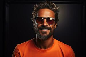 néon portrait de souriant homme modèle avec moustaches et barbe dans des lunettes de soleil et blanc T-shirt. ai généré photo