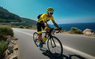 cycliste équitation vers le bas le route photo