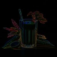 une verre de Frais jus. illustration de des légumes et jus. carotte jus dans une verre sur une noir Contexte. photo
