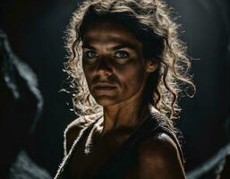 photo de de fort femme des cavernes à l'intérieur foncé grotte, génératif ai