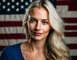 photo de magnifique femme avec Etats-Unis drapeau arrière-plan, génératif ai