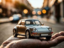 photo de proche en haut main en portant mini voiture, génératif ai