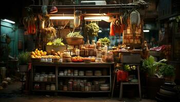 fraîcheur et variété à le intérieur marché, vente nourriture des cultures généré par ai photo