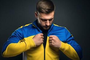 une homme portant une tee chemise avec une Ukraine drapeau sur il. ai généré photo