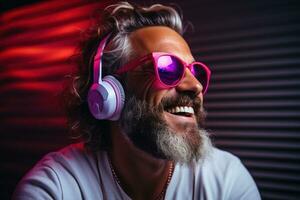 néon portrait de barbu souriant homme dans écouteurs, des lunettes de soleil, blanc T-shirt. écoute à musique. ai généré photo