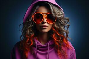 néon portrait de Jeune femme dans rond des lunettes de soleil et sweatshirt à capuche. studio tir. ai généré photo