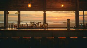 génératif ai, été le coucher du soleil plage bar Contexte. Extérieur restaurant, LED lumière bougies et en bois les tables, chaises en dessous de magnifique le coucher du soleil ciel, mer voir. photo