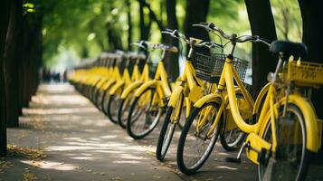 génératif ai, bicyclette partage système, beaucoup Jaune ville vélos garé. en bonne santé écologie Urbain transport. photo
