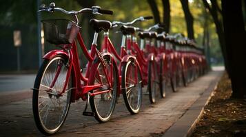 génératif ai, bicyclette partage système, beaucoup rouge ville vélos garé. en bonne santé écologie Urbain transport. photo
