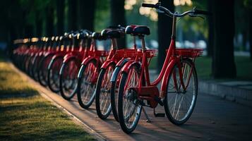 génératif ai, bicyclette partage système, beaucoup rouge ville vélos garé. en bonne santé écologie Urbain transport. photo