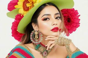 portrait de une à la mode magnifique femme dans traditionnel vêtements portant une chapeau photo