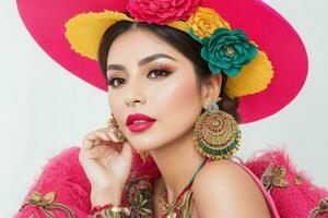 portrait de une à la mode magnifique femme dans traditionnel vêtements portant une chapeau photo