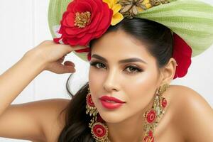 portrait de une à la mode magnifique femme dans traditionnel vêtements portant une chapeau photo