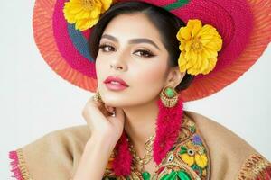 portrait de une à la mode magnifique femme dans traditionnel vêtements portant une chapeau photo