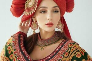 portrait de une à la mode magnifique femme dans traditionnel vêtements portant une chapeau photo